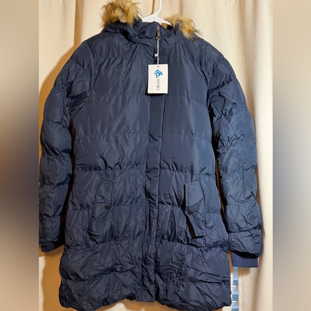 NEW Dark Blue Puffer Jacket with Removable Faux Fur Hood